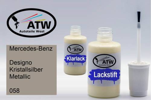 Mercedes-Benz, Designo Kristallsilber Metallic, 058: 20ml Lackstift + 20ml Klarlack - Set, von ATW Autoteile West.